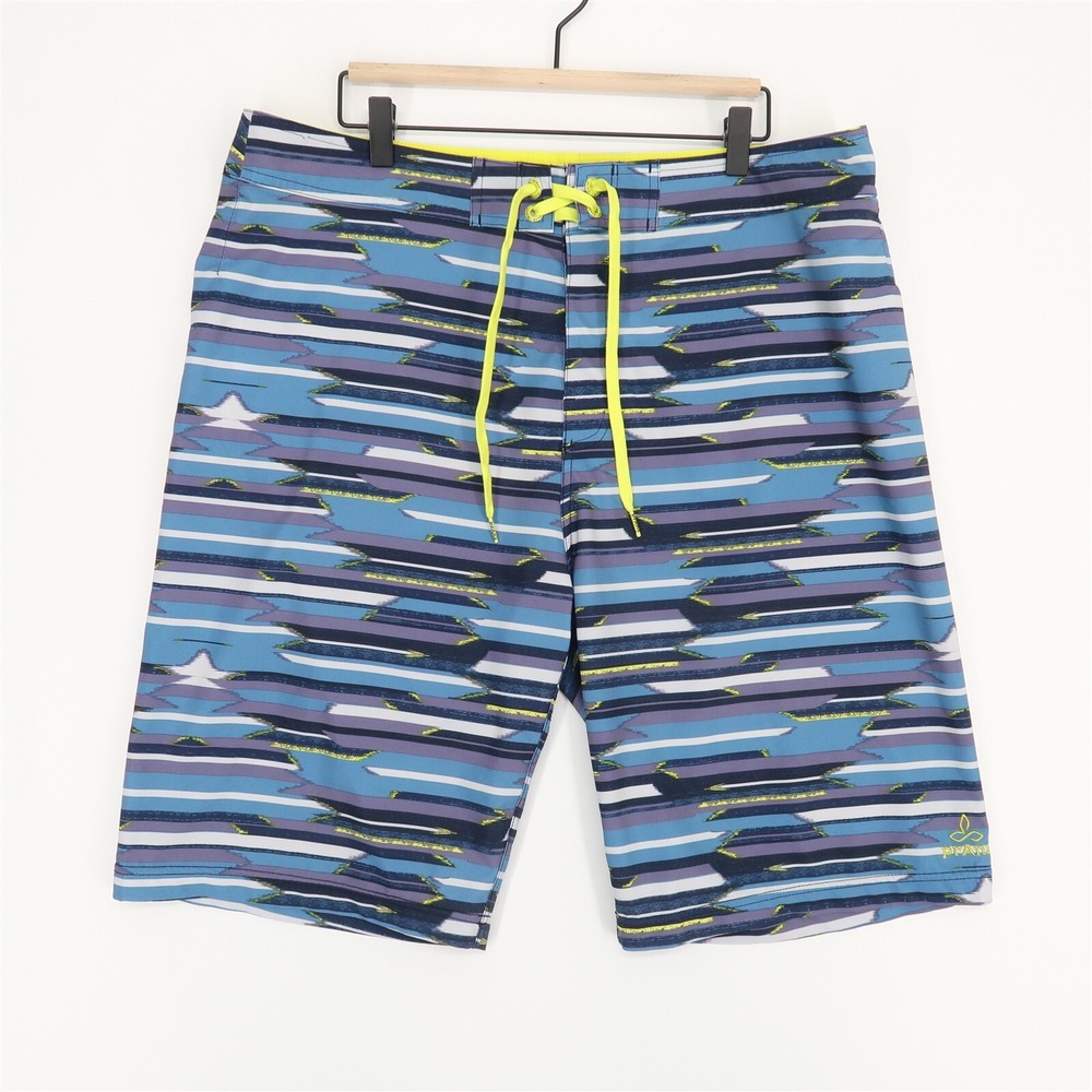 Prana Sediment Board Shorts‎ Mens 38 Blue Print Stretch Lace Up